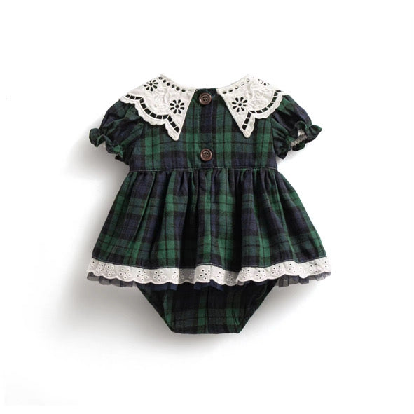 Green tartan collared romper