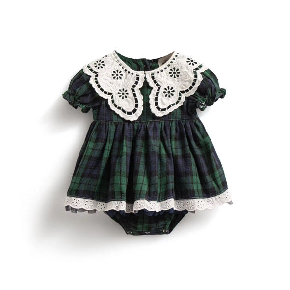 Green tartan collared romper