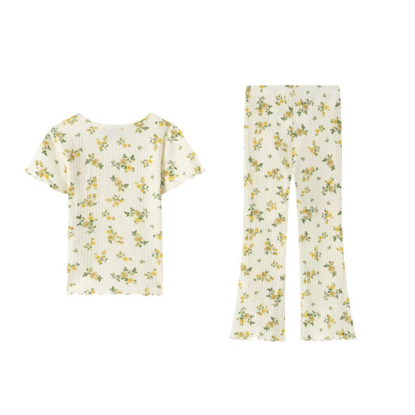 Lemon floral ribbed flare set