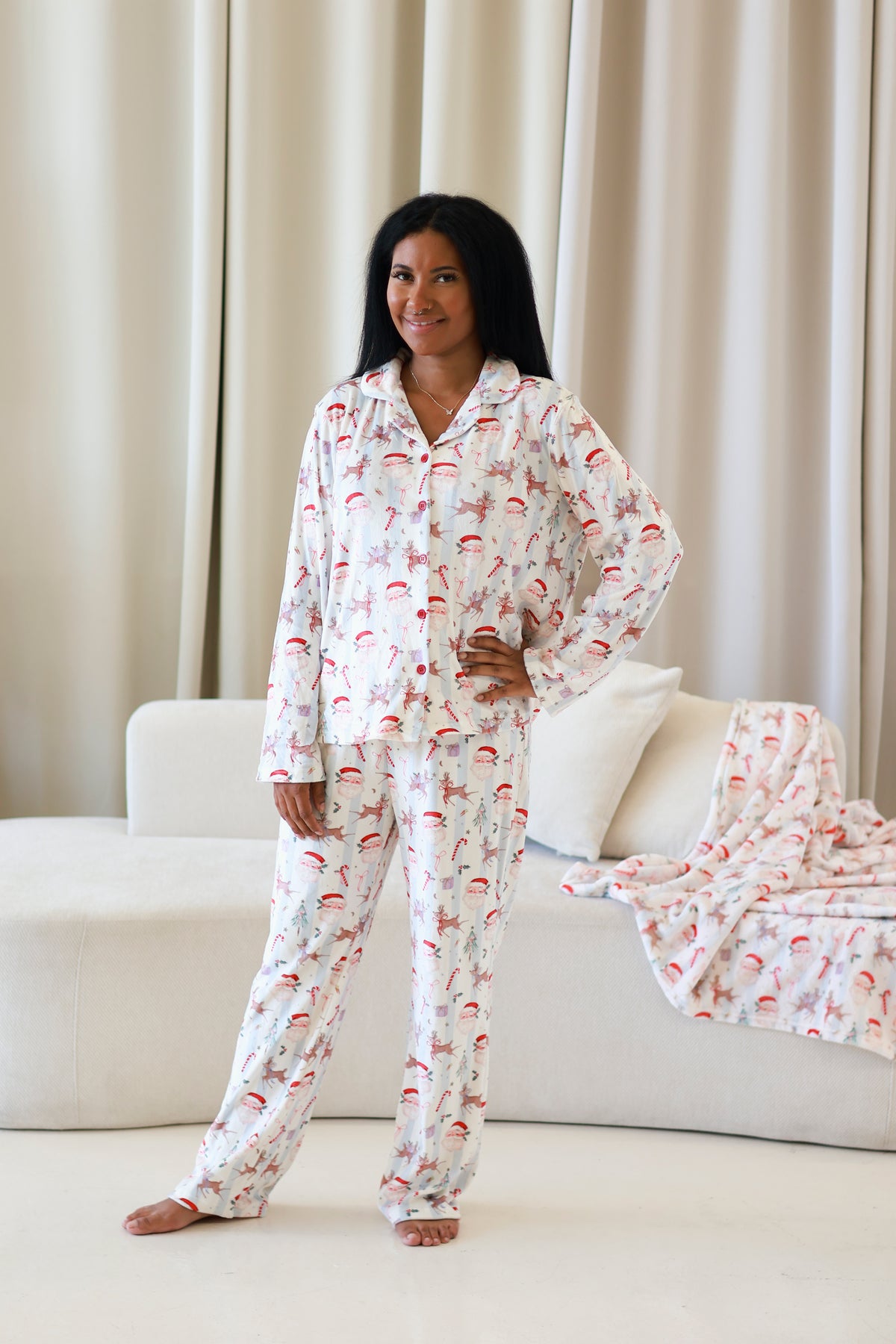 Blue Santa stripe women’s buttoned pyjamas