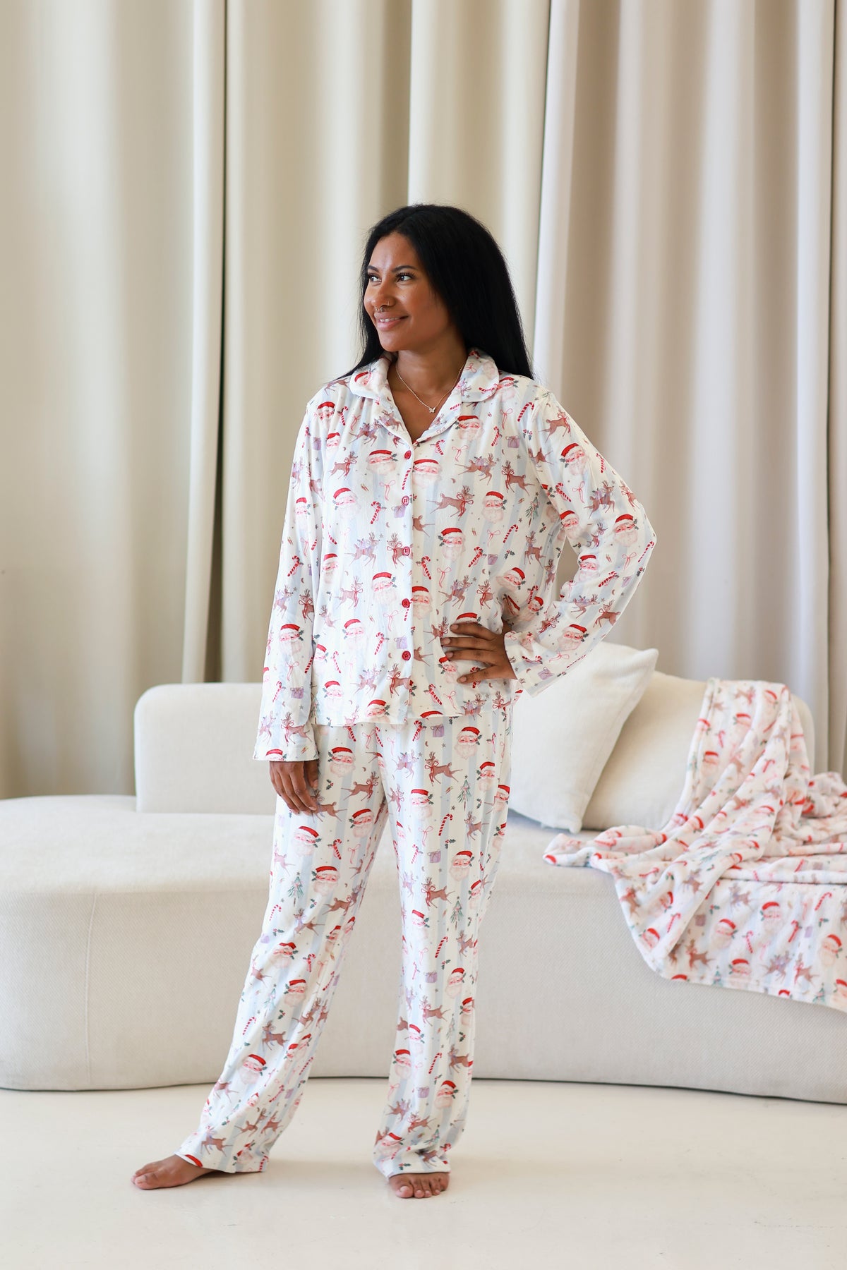 Blue Santa stripe women’s buttoned pyjamas