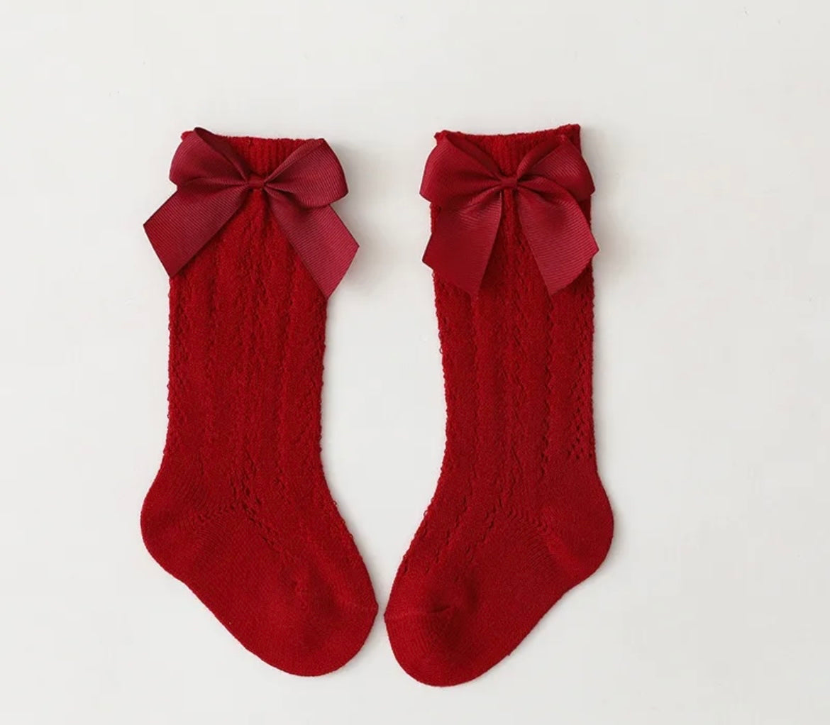 Openwork satin bow knee high socks