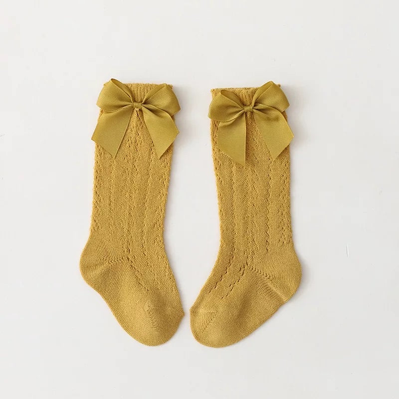 Openwork satin bow knee high socks
