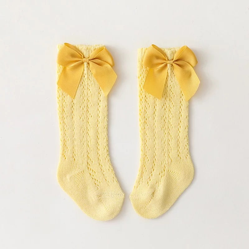 Openwork satin bow knee high socks