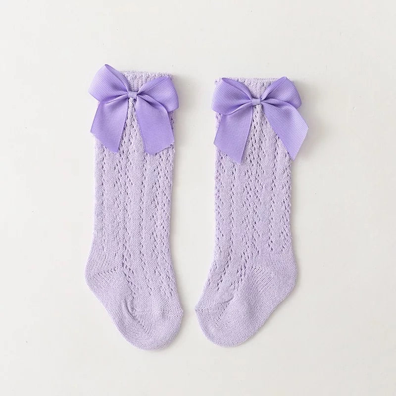 Openwork satin bow knee high socks
