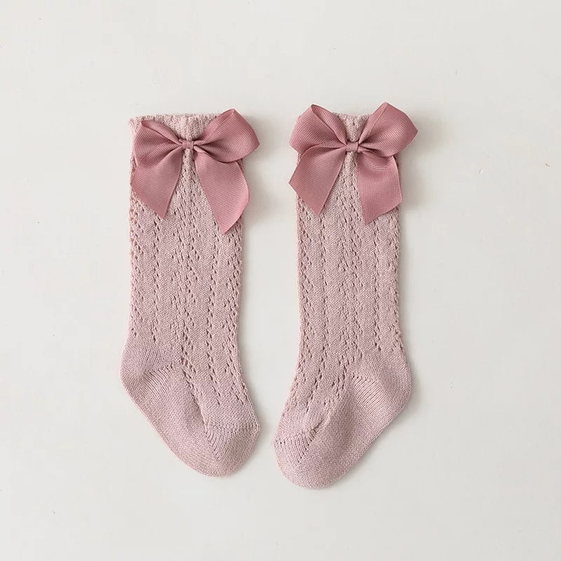 Openwork satin bow knee high socks