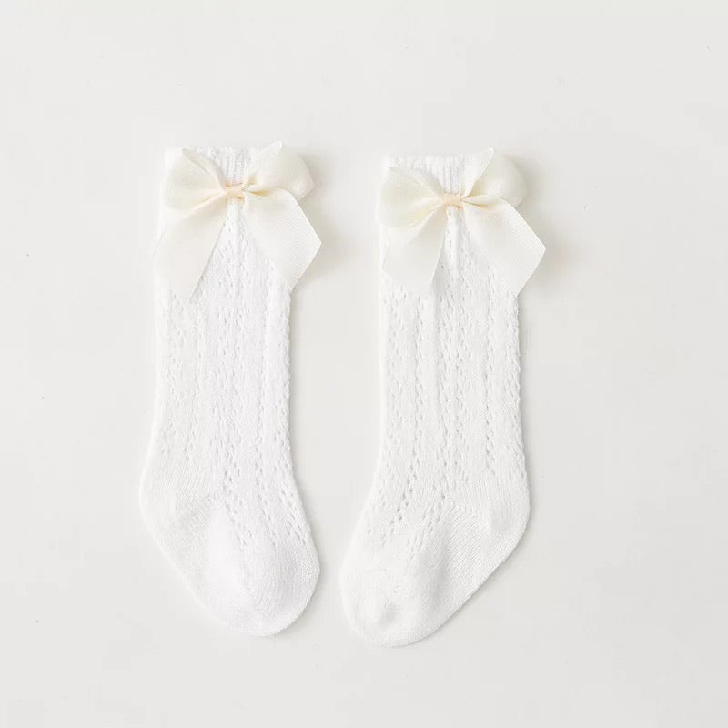 Openwork satin bow knee high socks