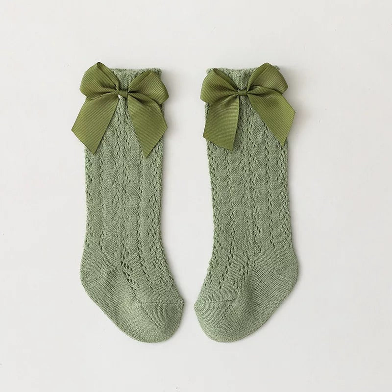 Openwork satin bow knee high socks