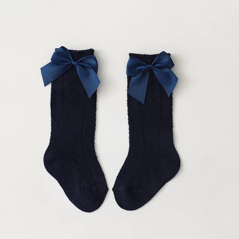 Openwork satin bow knee high socks
