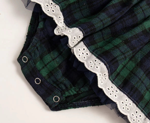 Green tartan collared romper