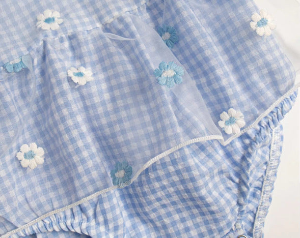 Blue gingham daisy lace romper