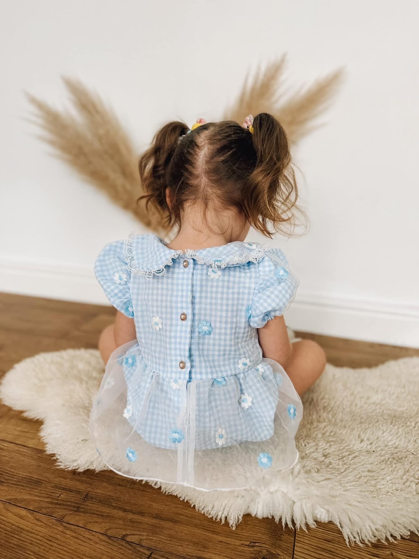 Blue gingham daisy lace romper