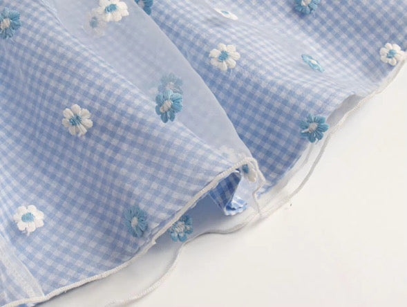 Blue gingham daisy lace dress