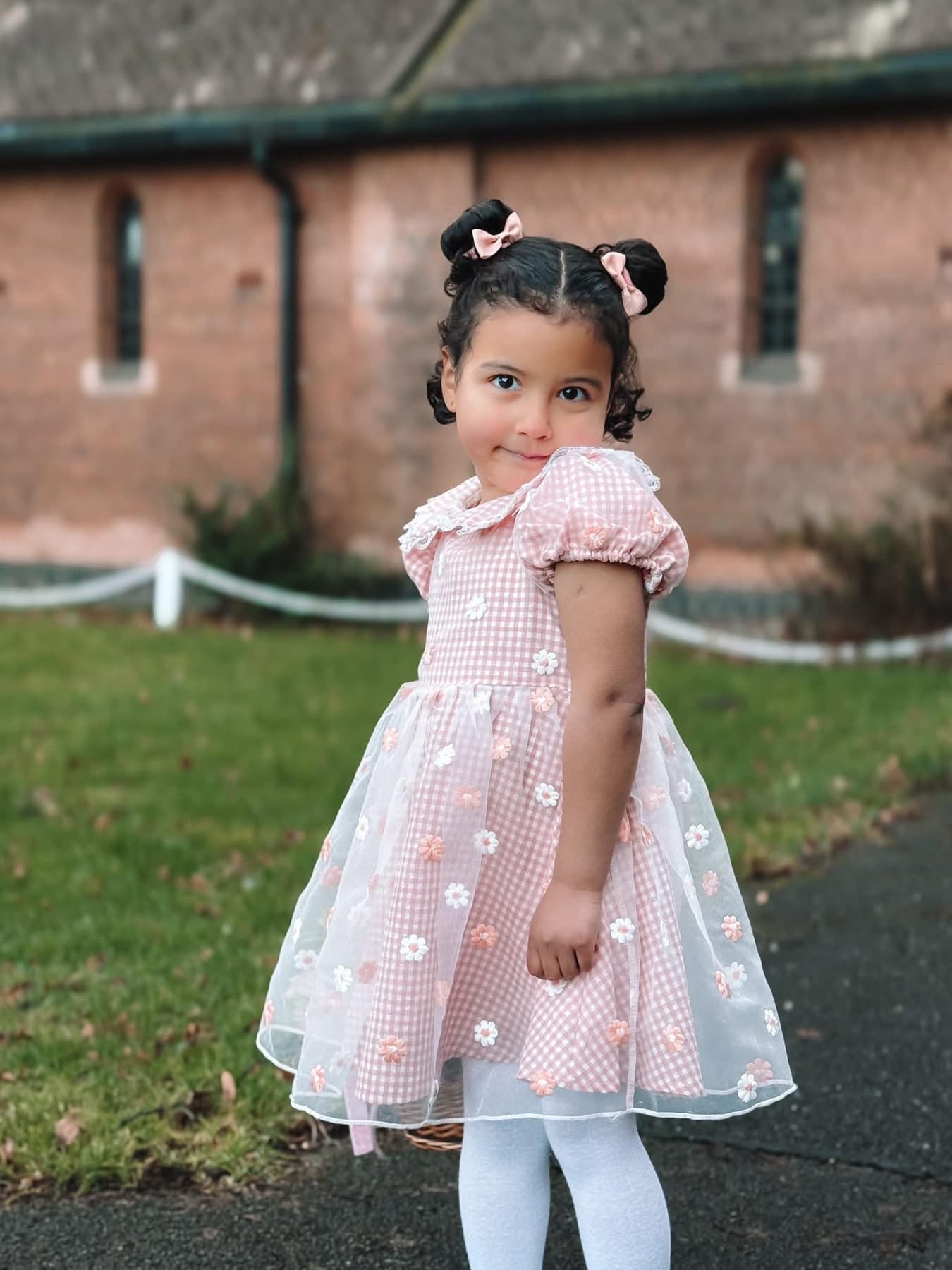 Peach gingham daisy lace dress