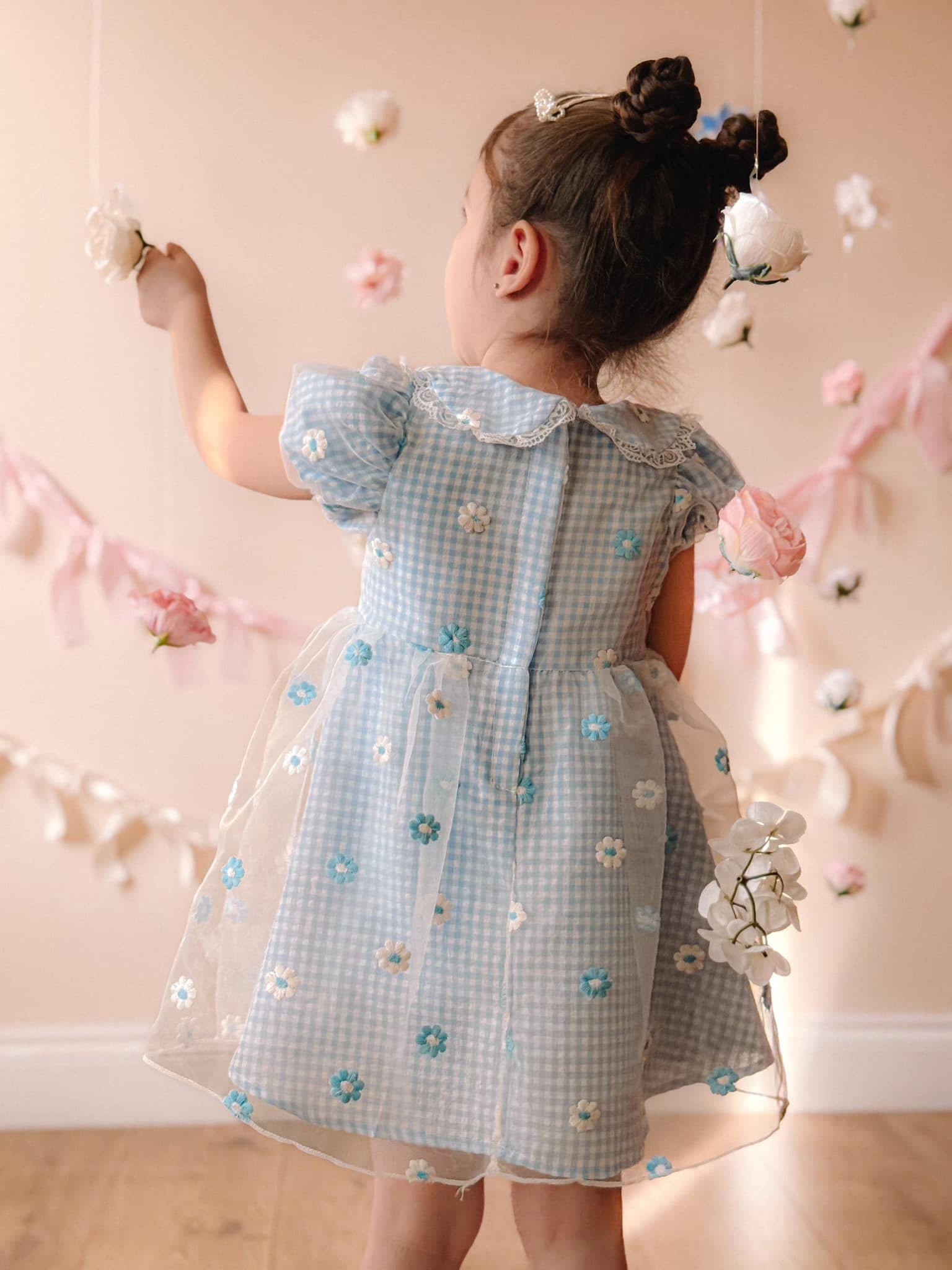 Blue gingham daisy lace dress