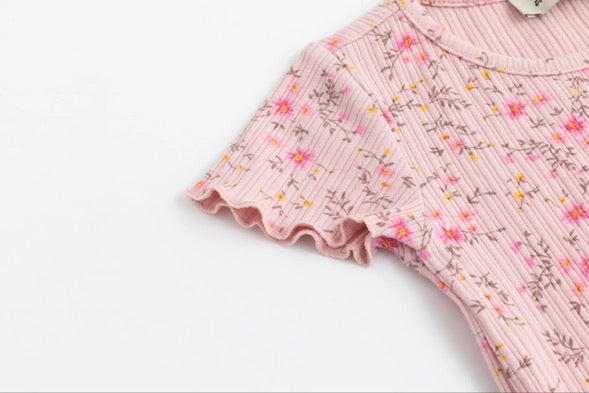 Pink floral ribbed flare set
