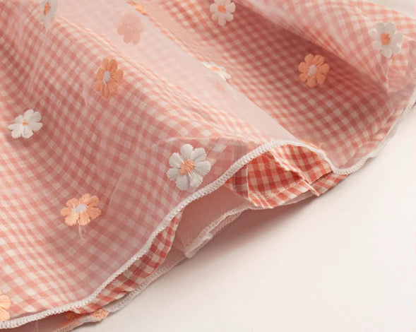 Peach gingham daisy lace dress