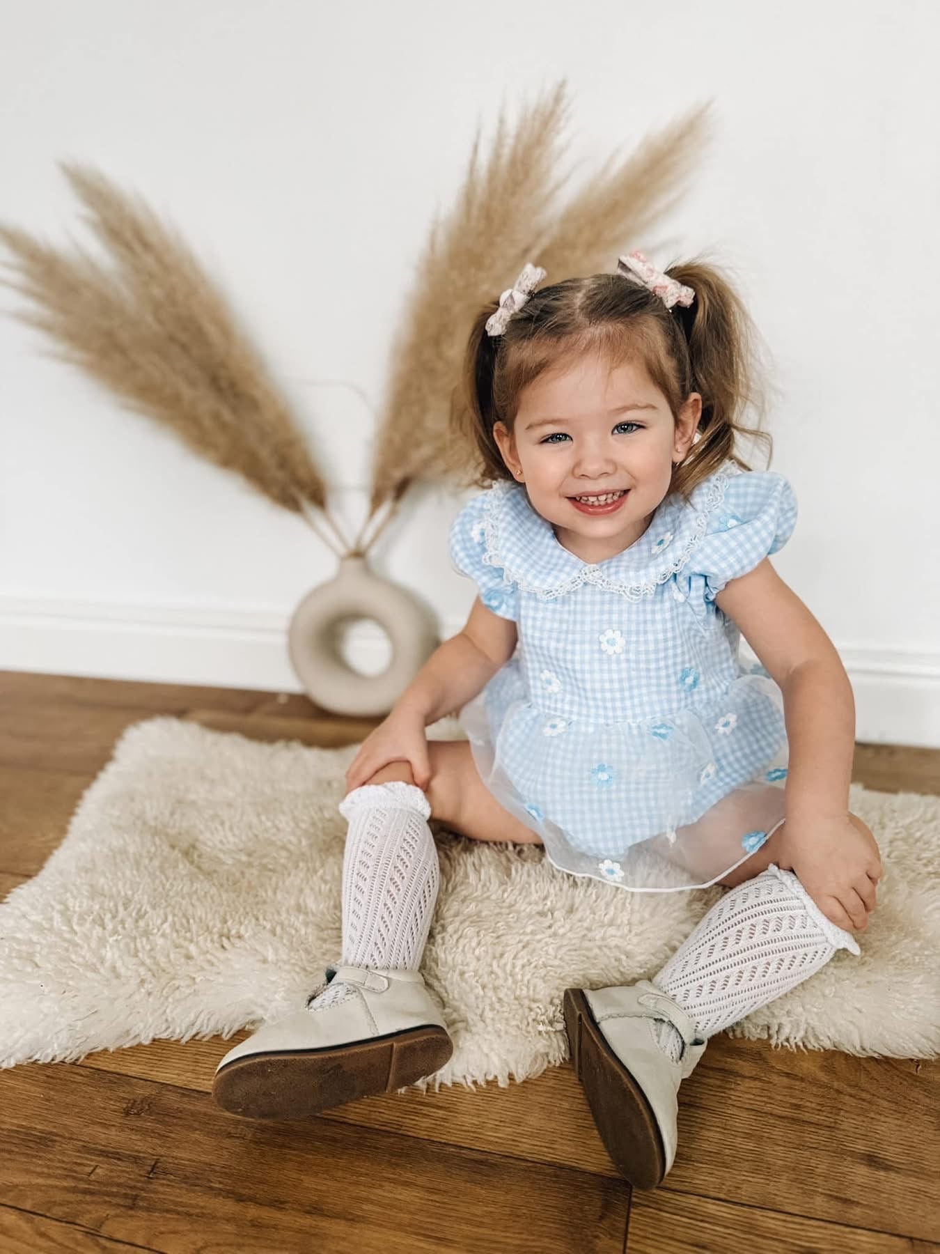 Blue gingham daisy lace romper