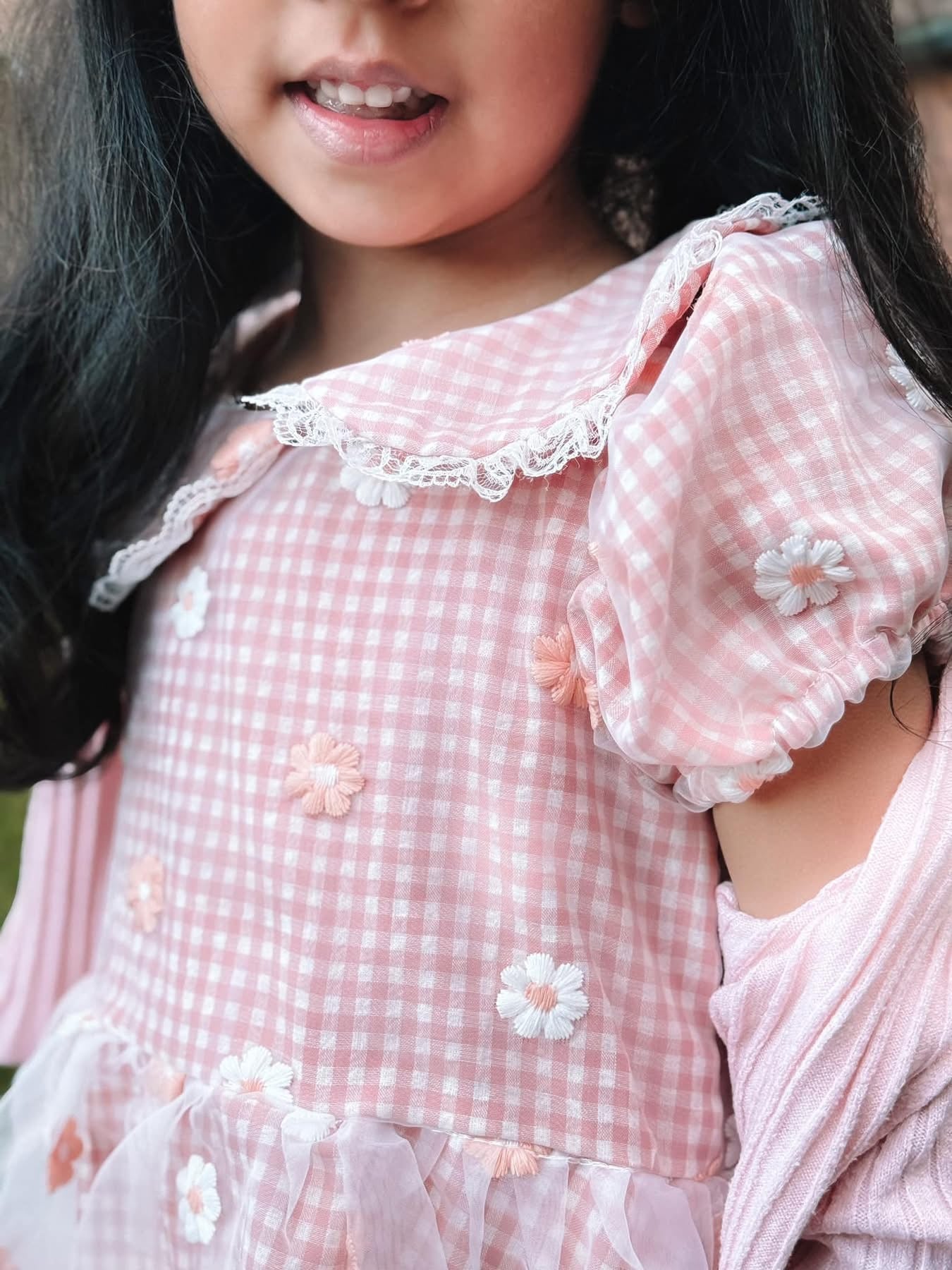 Peach gingham daisy lace dress