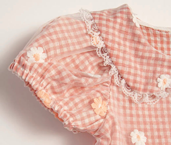 Peach gingham daisy lace dress