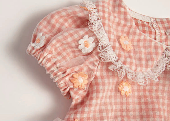 Peach Daisy gingham lace romper
