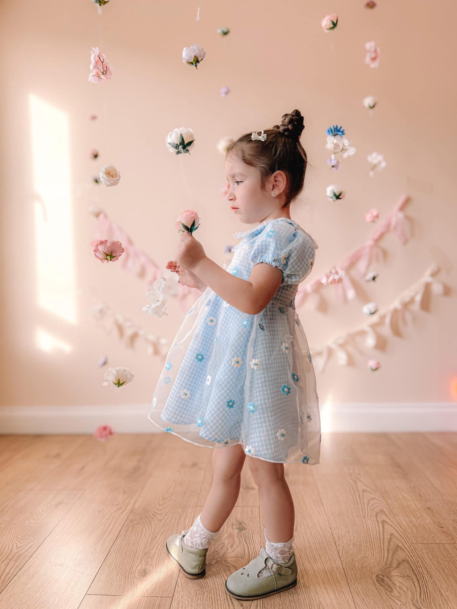 Blue gingham daisy lace dress