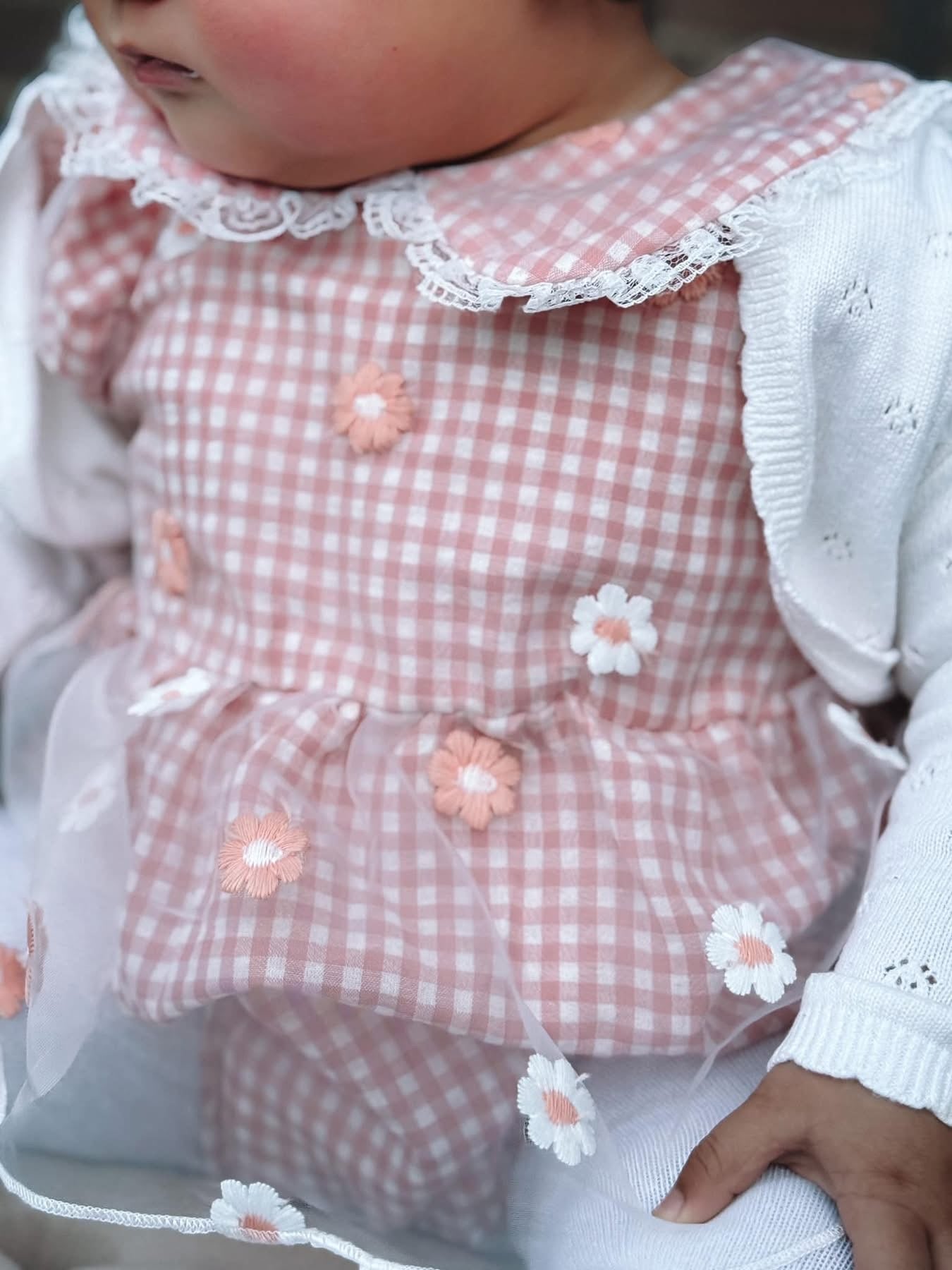 Peach Daisy gingham lace romper