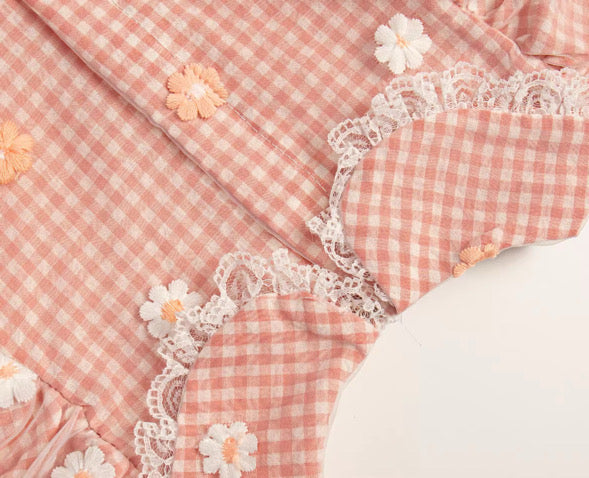 Peach gingham daisy lace dress