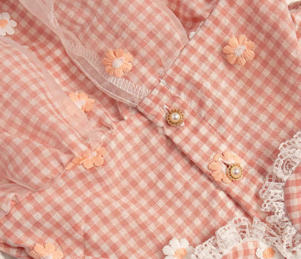 Peach Daisy gingham lace romper
