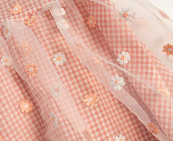 Peach gingham daisy lace dress
