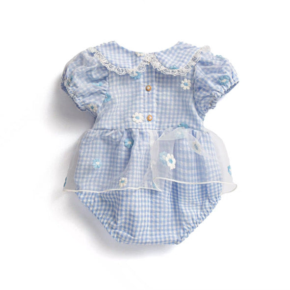 Blue gingham daisy lace romper
