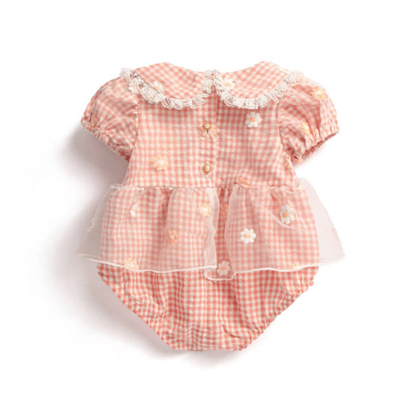 Peach Daisy gingham lace romper