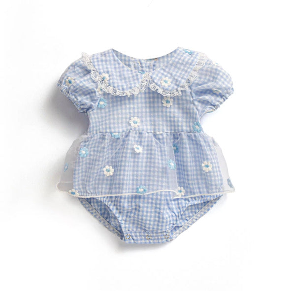 Blue gingham daisy lace romper