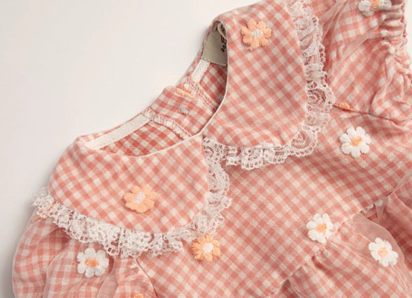 Peach Daisy gingham lace romper