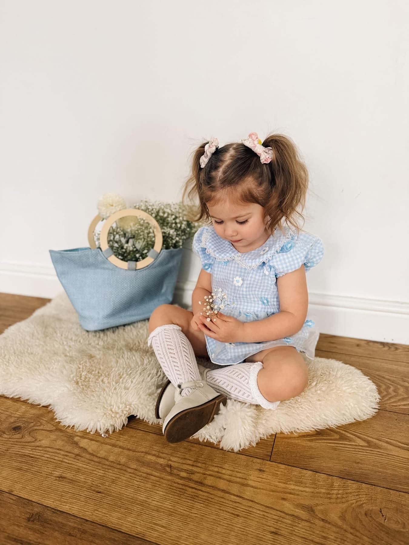 Blue gingham daisy lace romper
