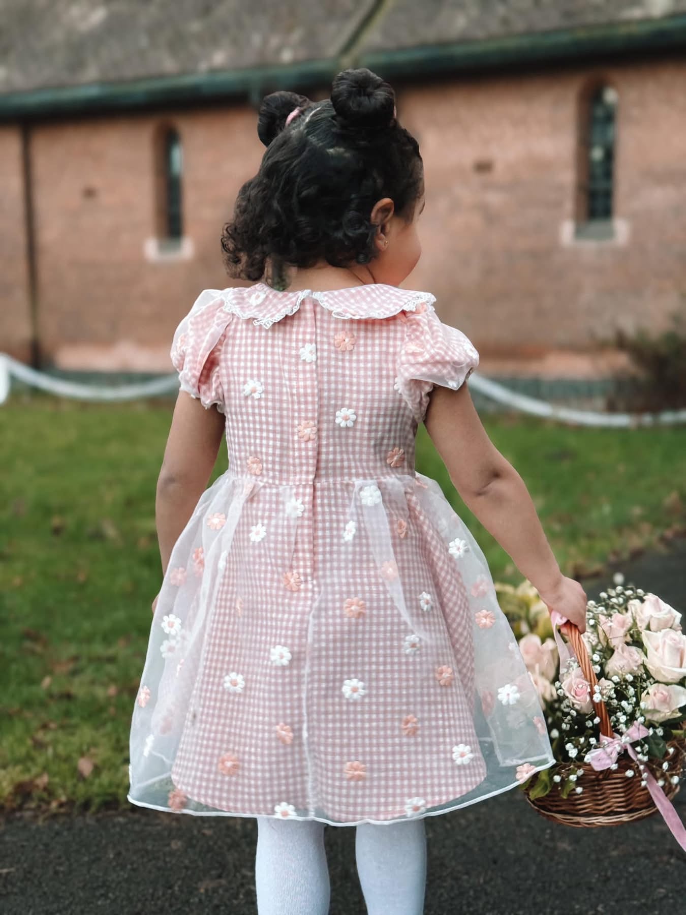 Peach gingham daisy lace dress