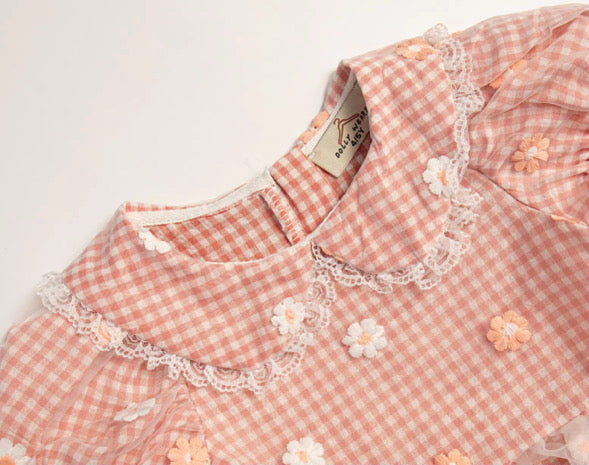 Peach gingham daisy lace dress