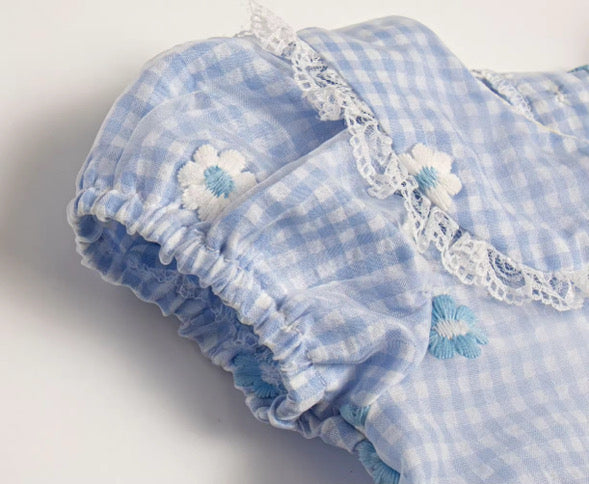 Blue gingham daisy lace romper