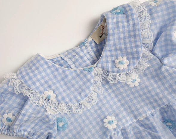 Blue gingham daisy lace romper