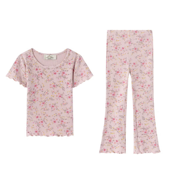 Pink floral ribbed flare set