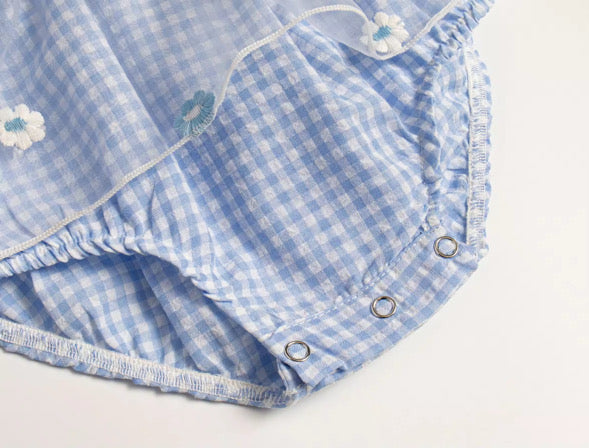 Blue gingham daisy lace romper