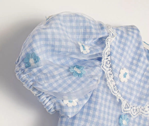 Blue gingham daisy lace dress