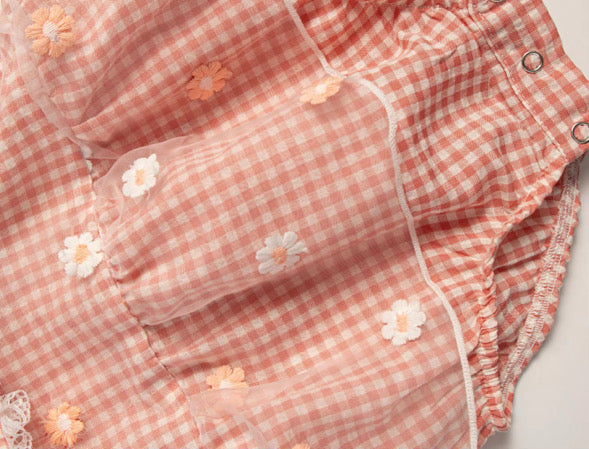 Peach Daisy gingham lace romper