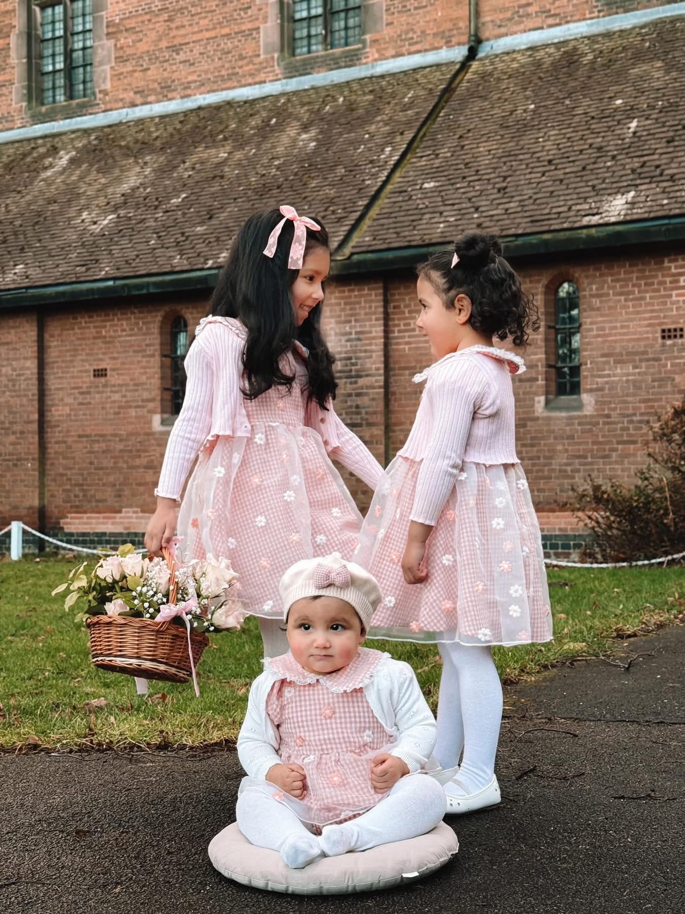Peach gingham daisy lace dress