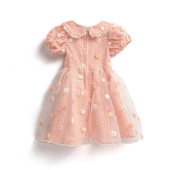 Peach gingham daisy lace dress