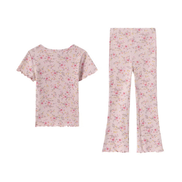 Pink floral ribbed flare set