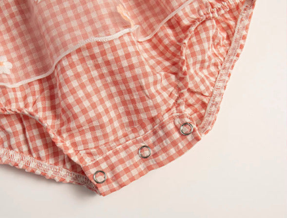 Peach Daisy gingham lace romper