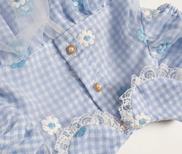Blue gingham daisy lace romper