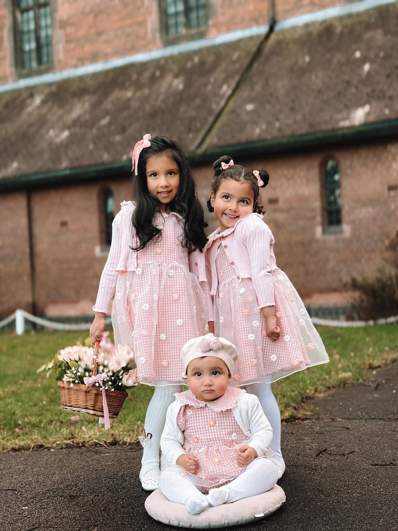 Peach gingham daisy lace dress