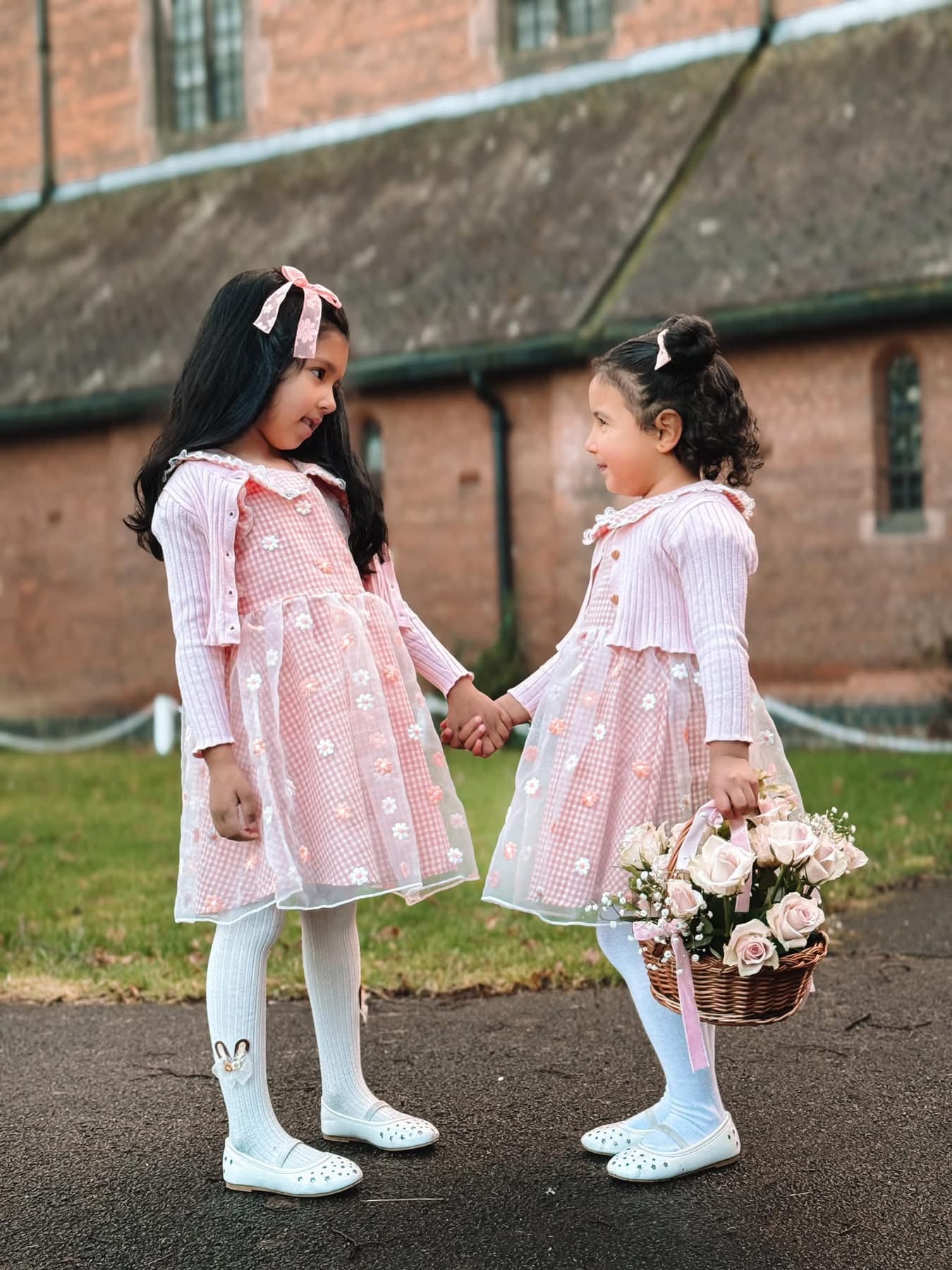 Peach gingham daisy lace dress
